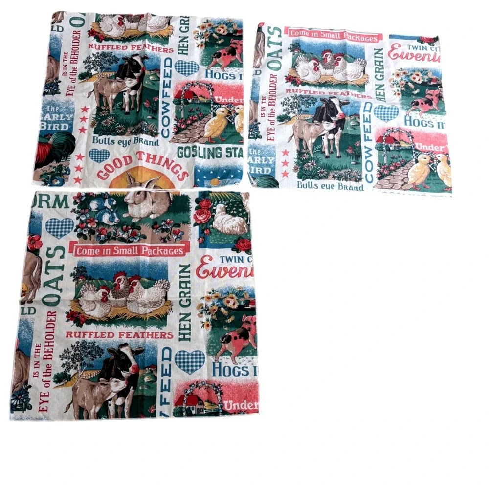 Set‎ of 3 Vintage Style Farmhouse Cloth Napkins Feed Sack Cottage Country Cows